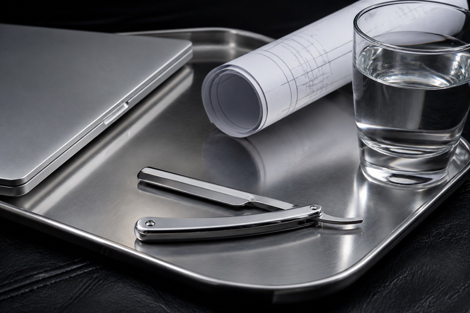Brushed chrome tray holding technical papers and metal tools