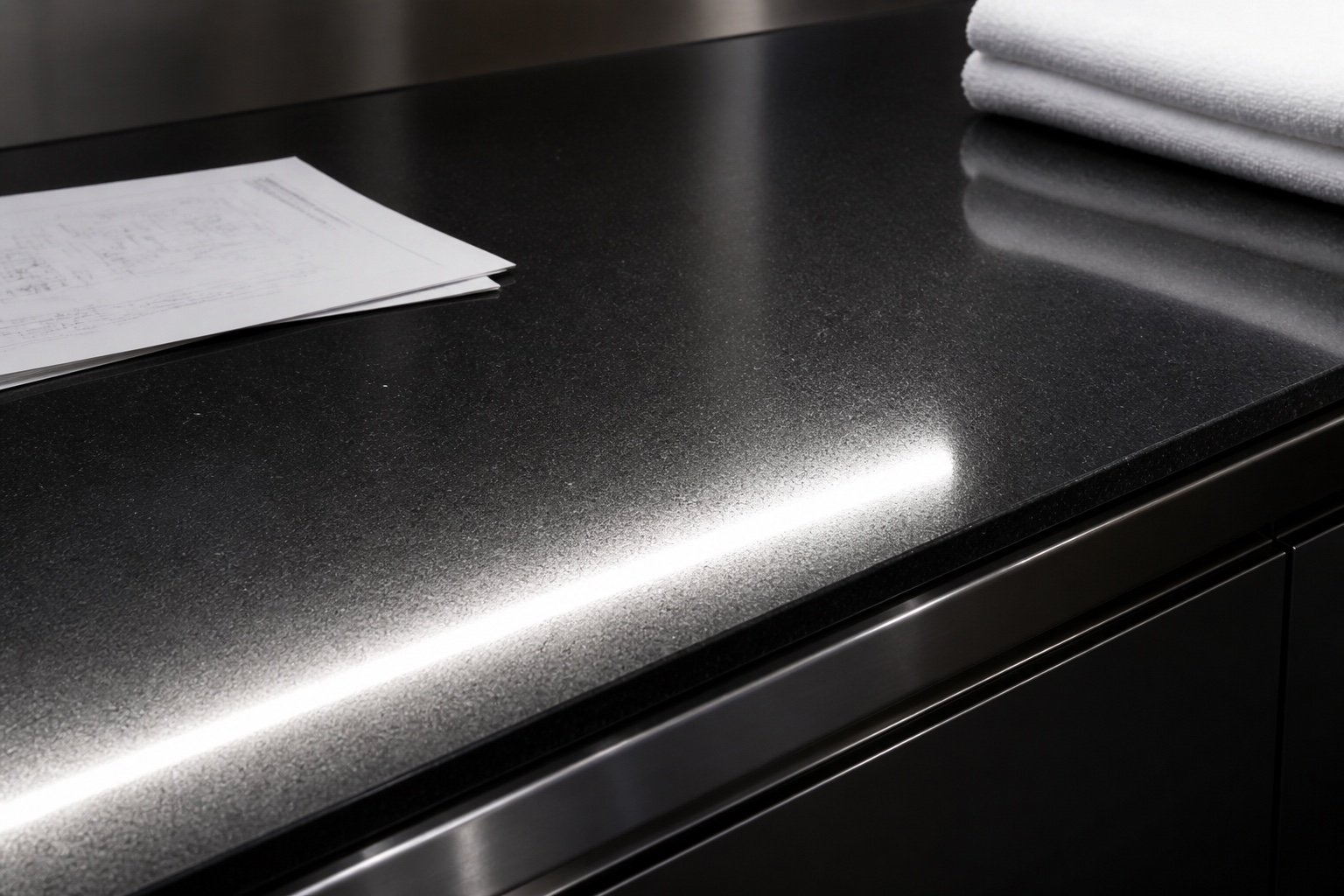 Polished black counter with chrome highlight and technical pages