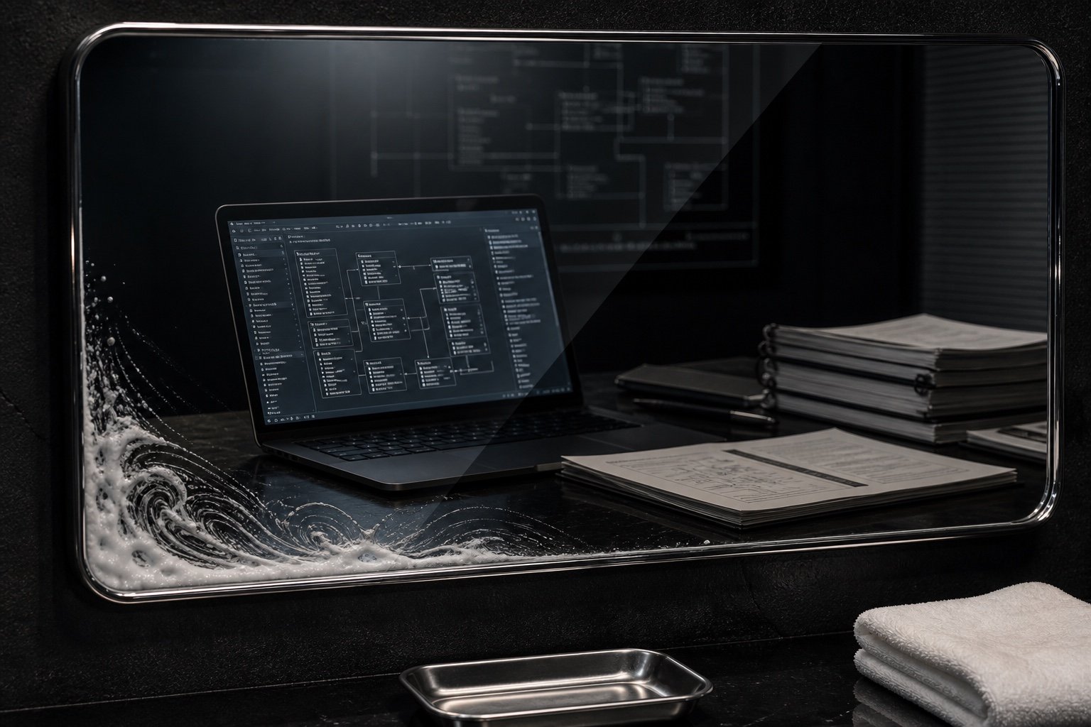 Black chrome mirror reflecting a professional workstation and documents